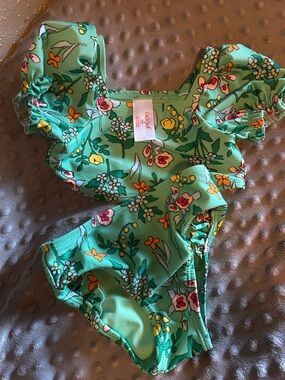 Cat & Jack Green Floral Bikini Top with Ruffle Straps
